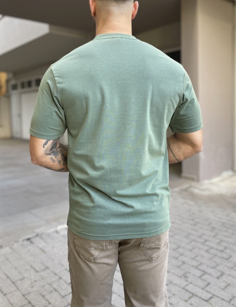 Ανδρικό βαμβακερό πράσινο πλυμένο παλαιωμένο T-shirt με μικρό λογότυπο TPM1071P φωτογραφία